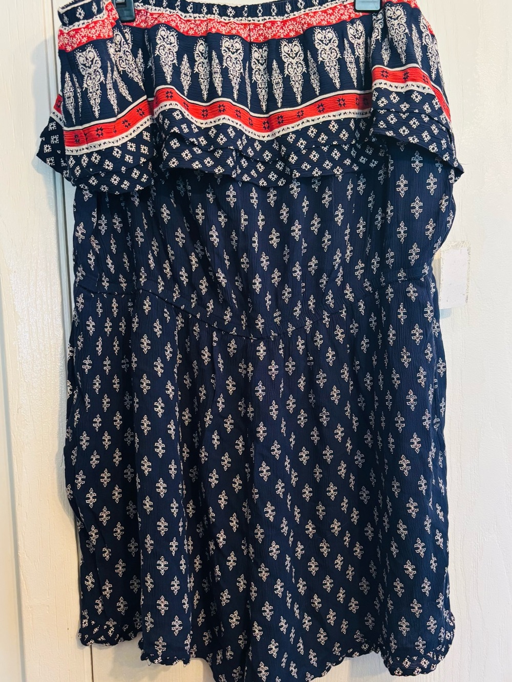 Mudd Navy Printed Off-Shoulder Dress with Red Accent